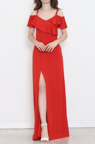 V Yaka Fırfırlı Elbise Kırmızı - 12236.631.
