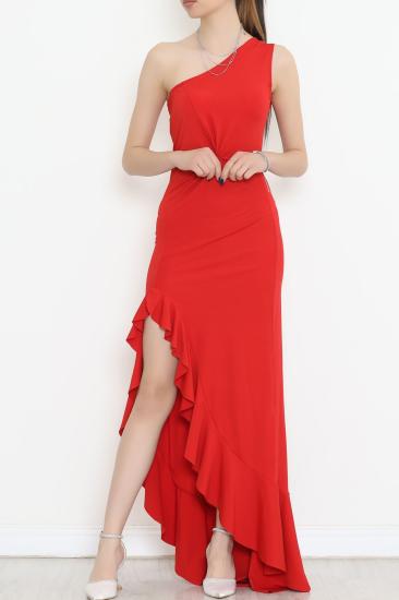 Fırfırlı Yırtmaçlı Elbise Kırmızı - 12244.631.
