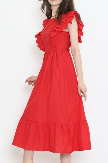 Kolu Fırfırlı Koton Elbise Kırmızı - 44361.1798.