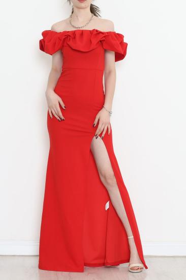 Volanlı Yırtmaçlı Elbise Kırmızı - 582834.1592.