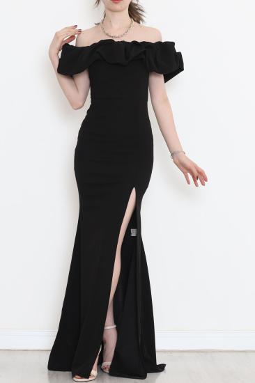 Volanlı Yırtmaçlı Elbise Siyah - 582834.1592.