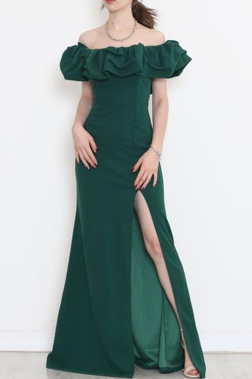 Volanlı Yırtmaçlı Elbise Yeşil - 582834.1592.