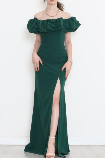 Volanlı Yırtmaçlı Elbise Yeşil - 582834.1592.