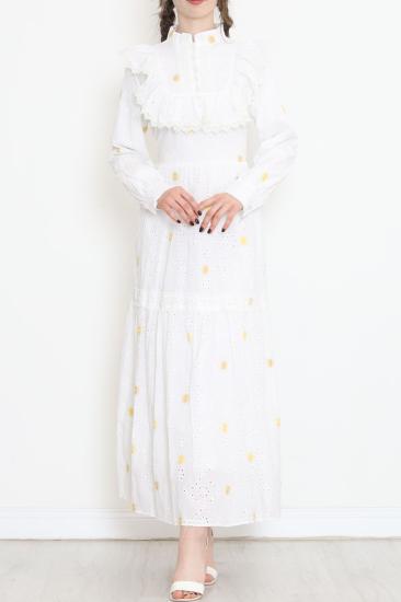 Yaka Detaylı Brode Elbise Beyazsarı - 5902.1322.