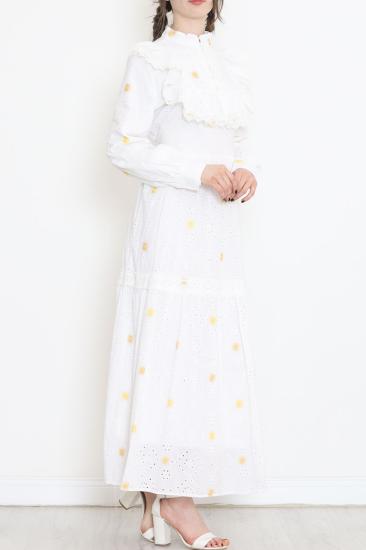 Yaka Detaylı Brode Elbise Beyazsarı - 5902.1322.