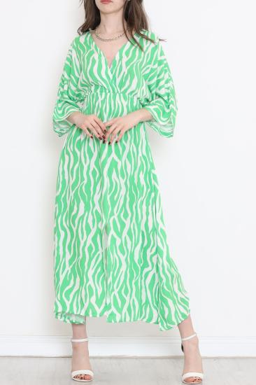 Kruvaze Yaka Desenli Elbise Yeşil - 707.1247.