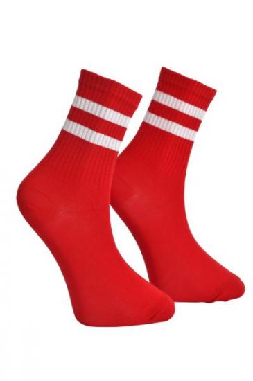 Unisex Beyaz Çift Şeritli Çorap Kırmızı - LksÇrp09