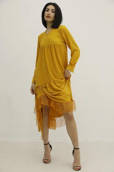 V Yaka Tül İşlemeli Elbise Hardal - P-019728